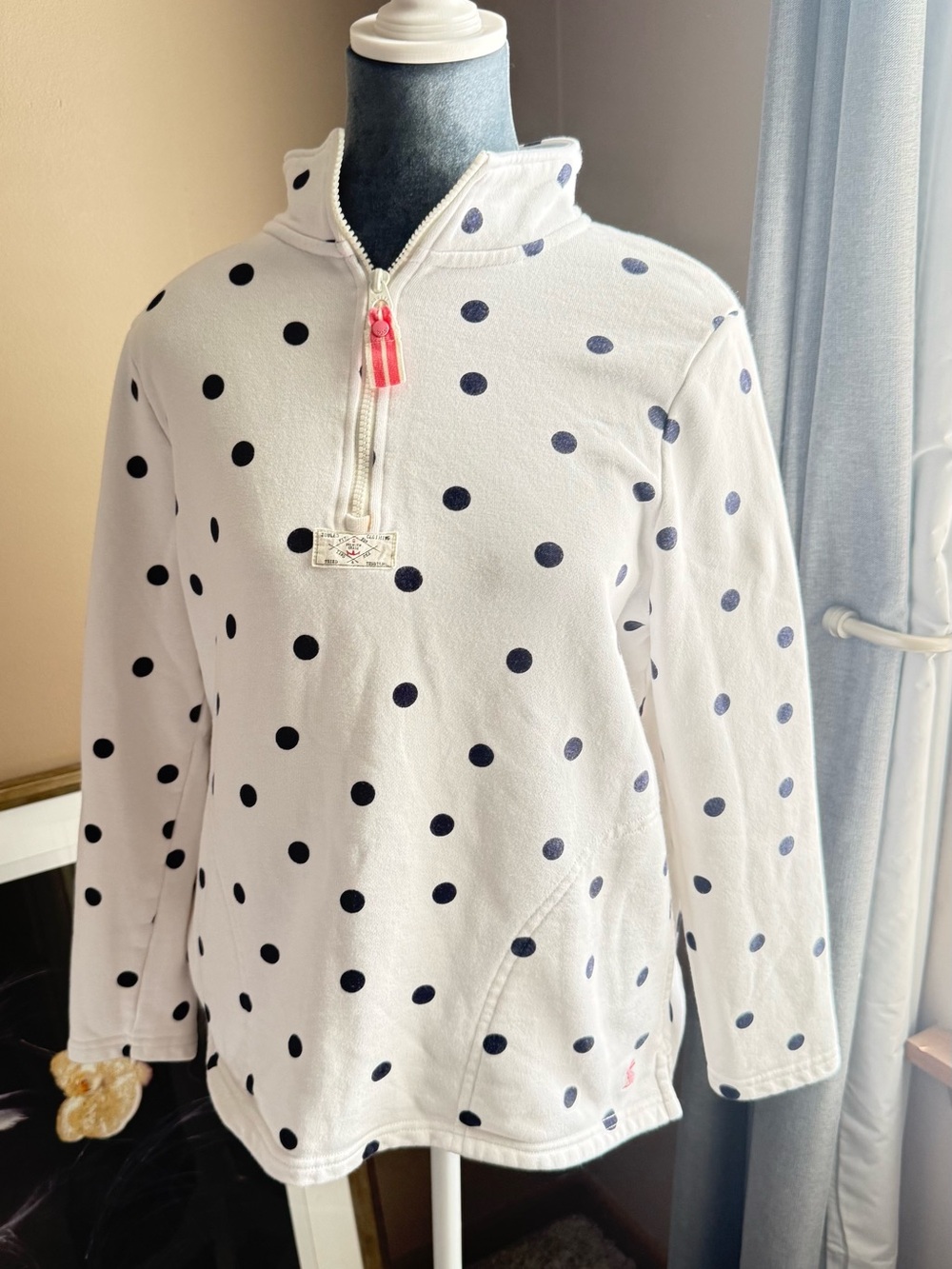 Joules White  Pullover with Black Polka Dots and Orange  Zip Tab